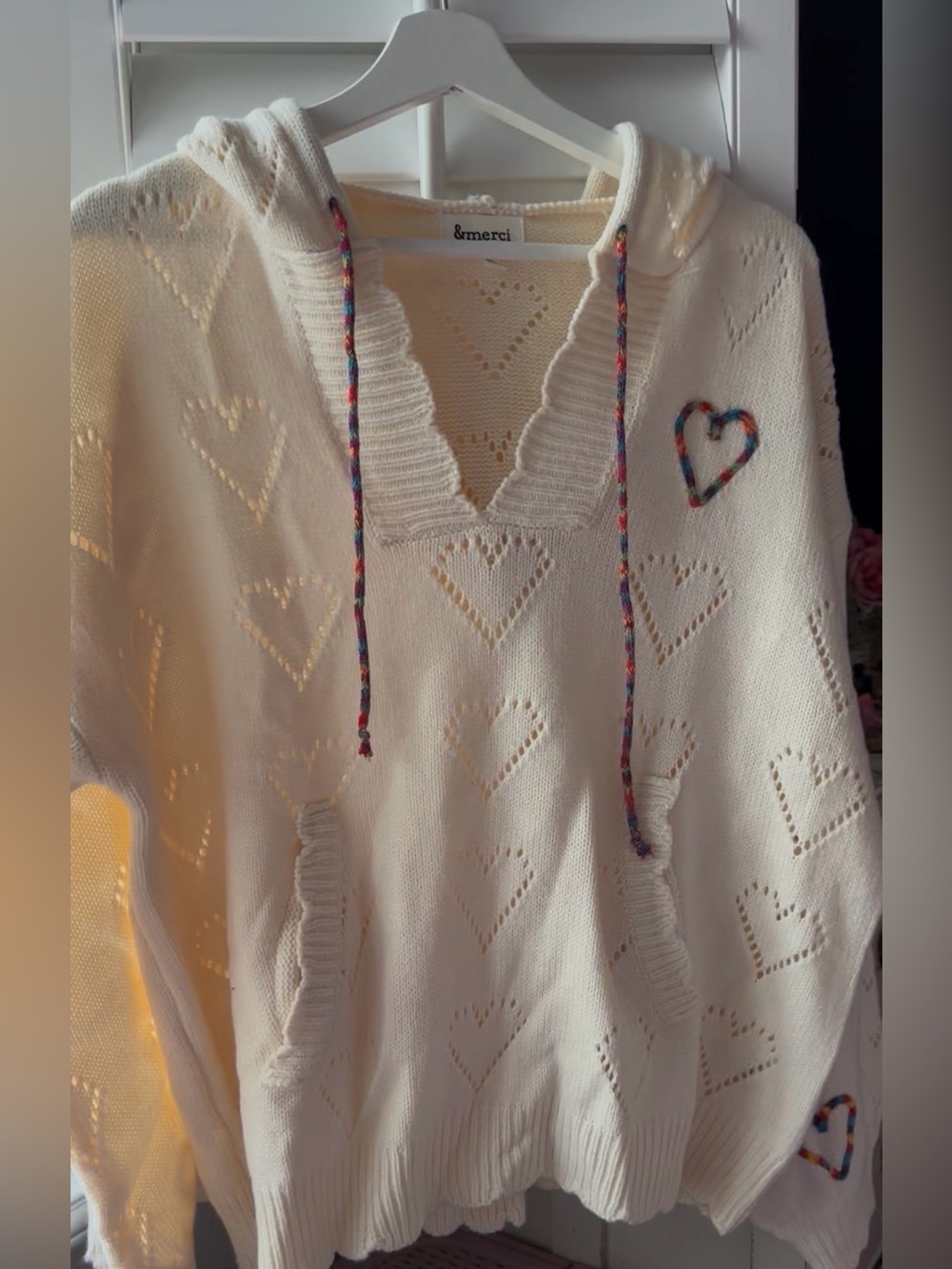 LOVESHACKFANCY Inspired Cream Heart Knit Drawstring Hoodie Boutique Sweater M